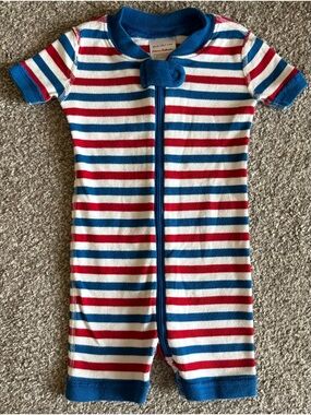 Hanna Andersson Red, Blue & White Striped Short-Sleeve Zip Romper